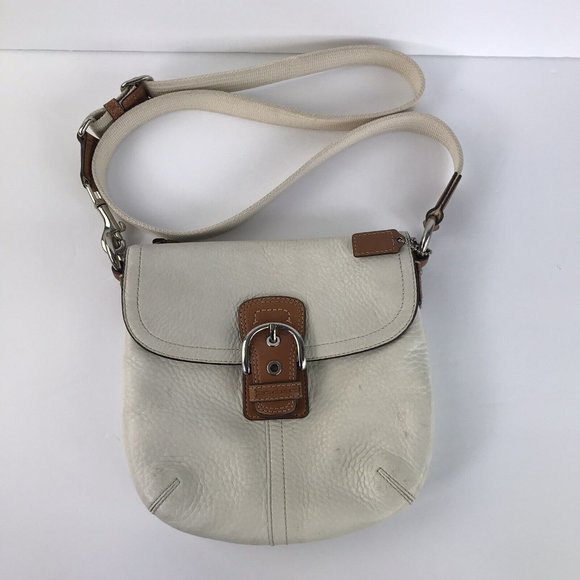 Coach Handbags - COACH Crossbody Leather Bag Off White Tan Brown Trim Canvas Handles Buckle Flap